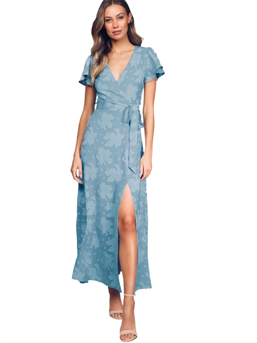 Lulus Compelling Love Dress Light Blue Jacquard Ruffle Sleeve Maxi Tie Belt